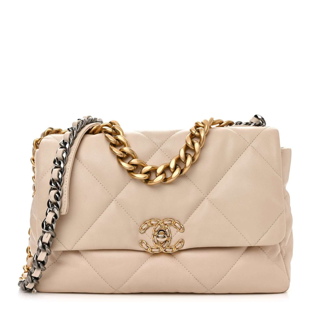 Chanel 19 handbag medium in beige lambskin with gold hardware and mixed metal chain, a stylish luxury bag for women.
