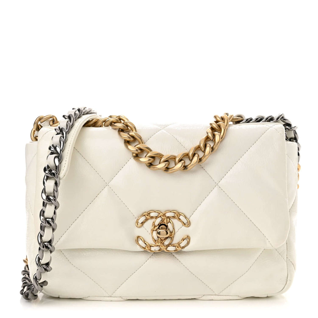 Chanel 19 handbag medium white lambskin with gold hardware, stylish luxury bag for women, perfect gift idea.