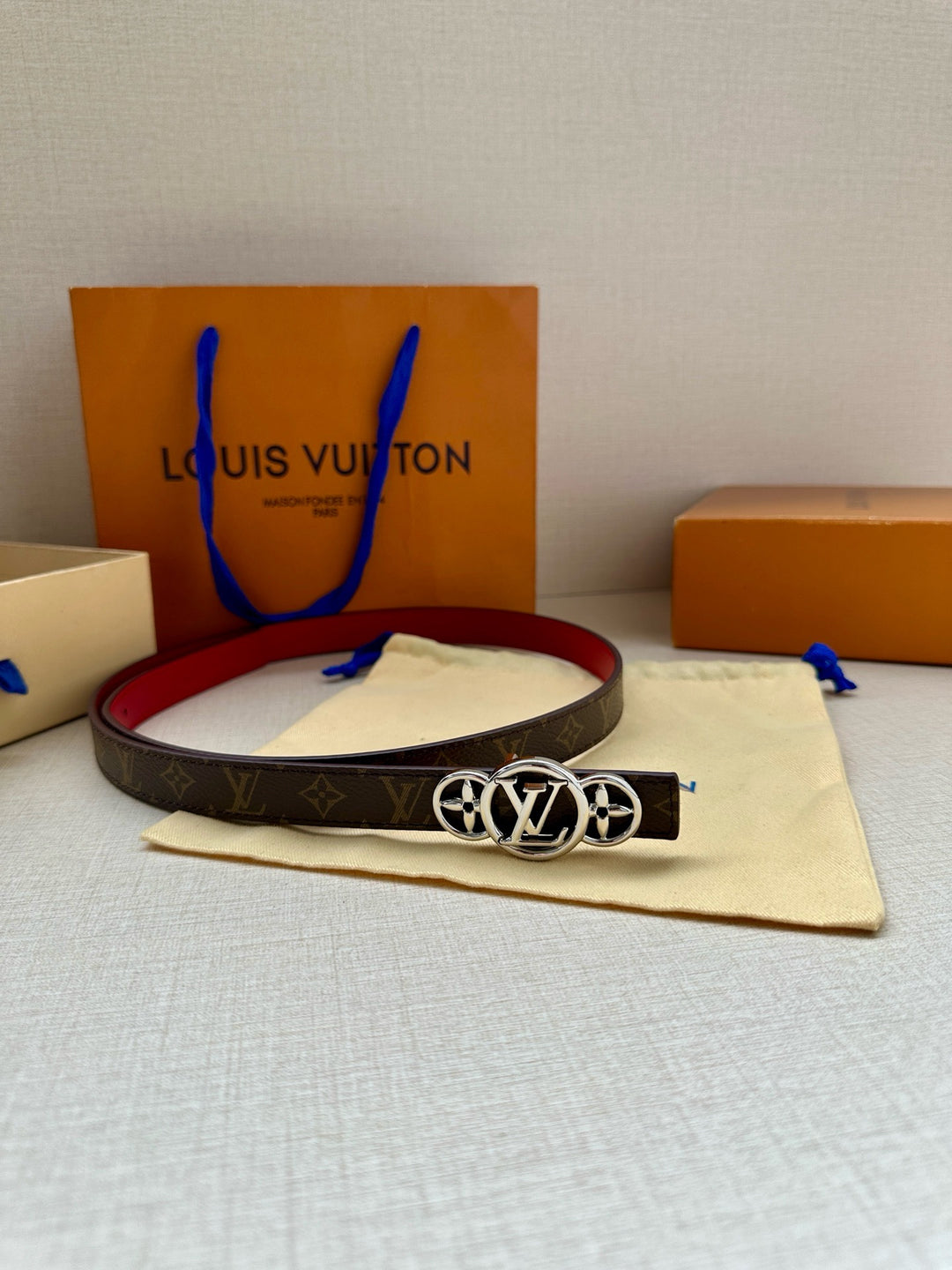 Lv belt two sides 2cm red silver hardware