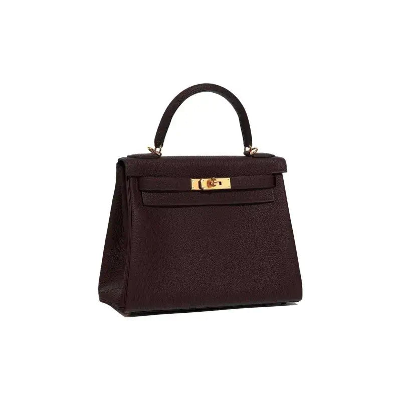 HERMES Kelly 25 brown leather handbag with gold hardware, an elegant luxury bag for women, perfect for everyday use.