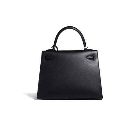 HERMES Kelly 25 Bag Epsom Leather Handbag (20,25,28,32) Silver hardware - black