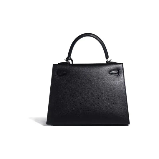 Hermes Kelly 25 black leather handbag with silver hardware, a luxury bag for women, perfect for timeless elegance.