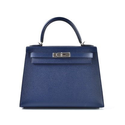 HERMES Kelly 25 Bag Epsom Leather Handbag (20,25,28,32) navy  silver hardware