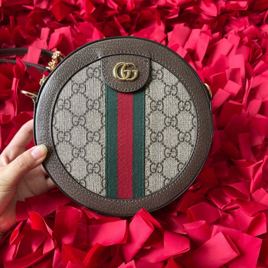 GG Supreme Monogram Web Mini Ophidia Round Shoulder Bag Brown