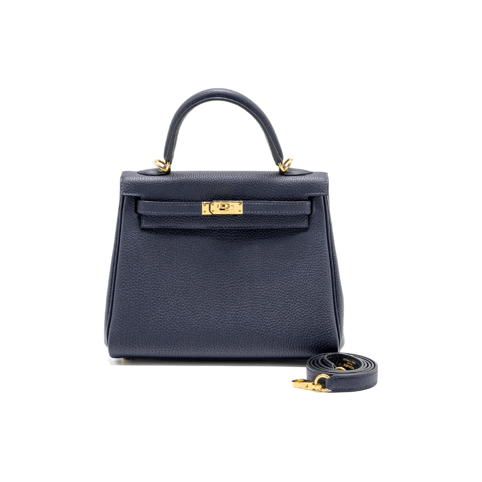 HERMES Kelly 25 navy blue Togo leather handbag with gold hardware ideal luxury bag for women, elegant and stylish everyday bag.