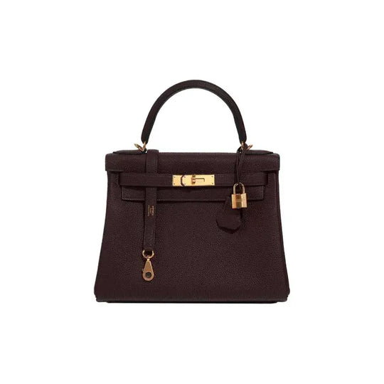 HERMES Kelly 25 luxury bag for women in dark brown leather with gold hardware, elegant and timeless designer handbag.
