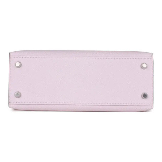 HERMES Kelly Bag Epsom leather handbag in mauve pale dream purple showing the bottom view with silver hardware, a timeless luxury bag for women.