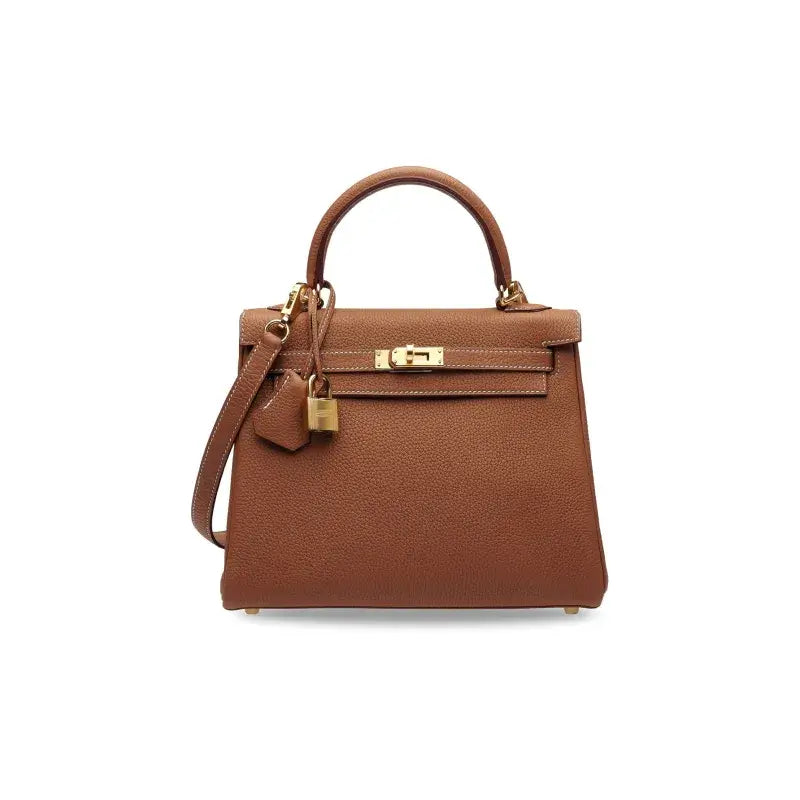 Hermès Kelly 25 brown Togo leather handbag, a luxury bag for women, perfect as an elegant gift idea with timeless fashion appeal.