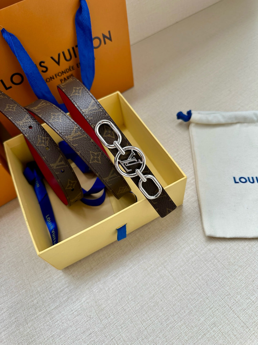 Lv belt two sides 3cm red silver hardware