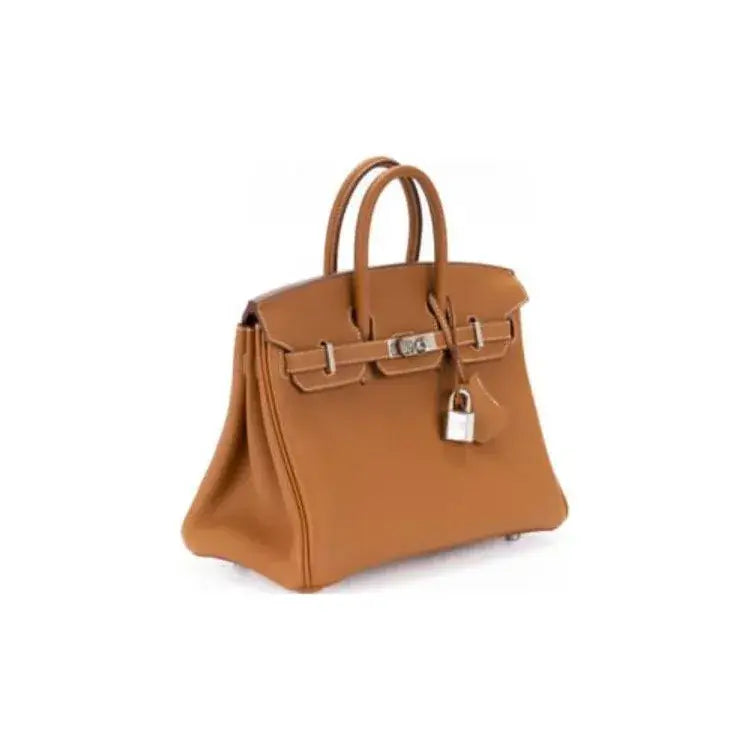 HERMES Birkin 25 brown togo leather handbag featuring silver hardware, a timeless luxury bag for women.