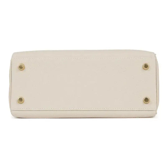 HERMES Kelly 25 cream Togo leather handbag bottom view showcasing high quality and elegant design, perfect luxury bag for women.