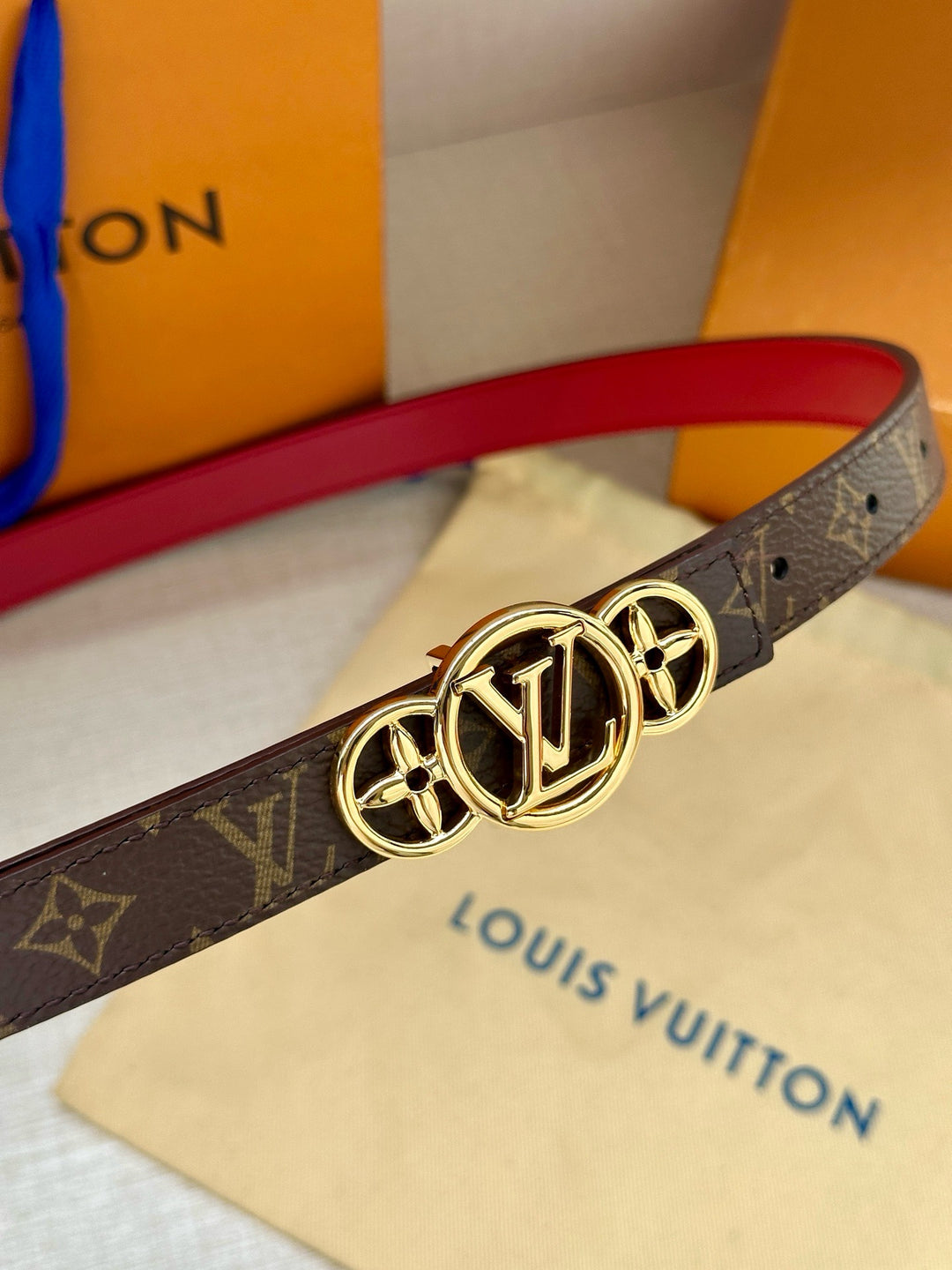Lv belt two sides 2cm red silver hardware