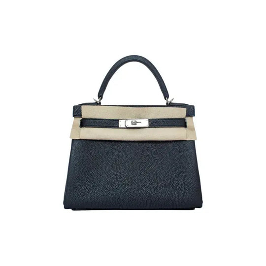 HERMES Kelly 25 navy blue Togo leather handbag with silver hardware, a luxury bag for women perfect for everyday style.
