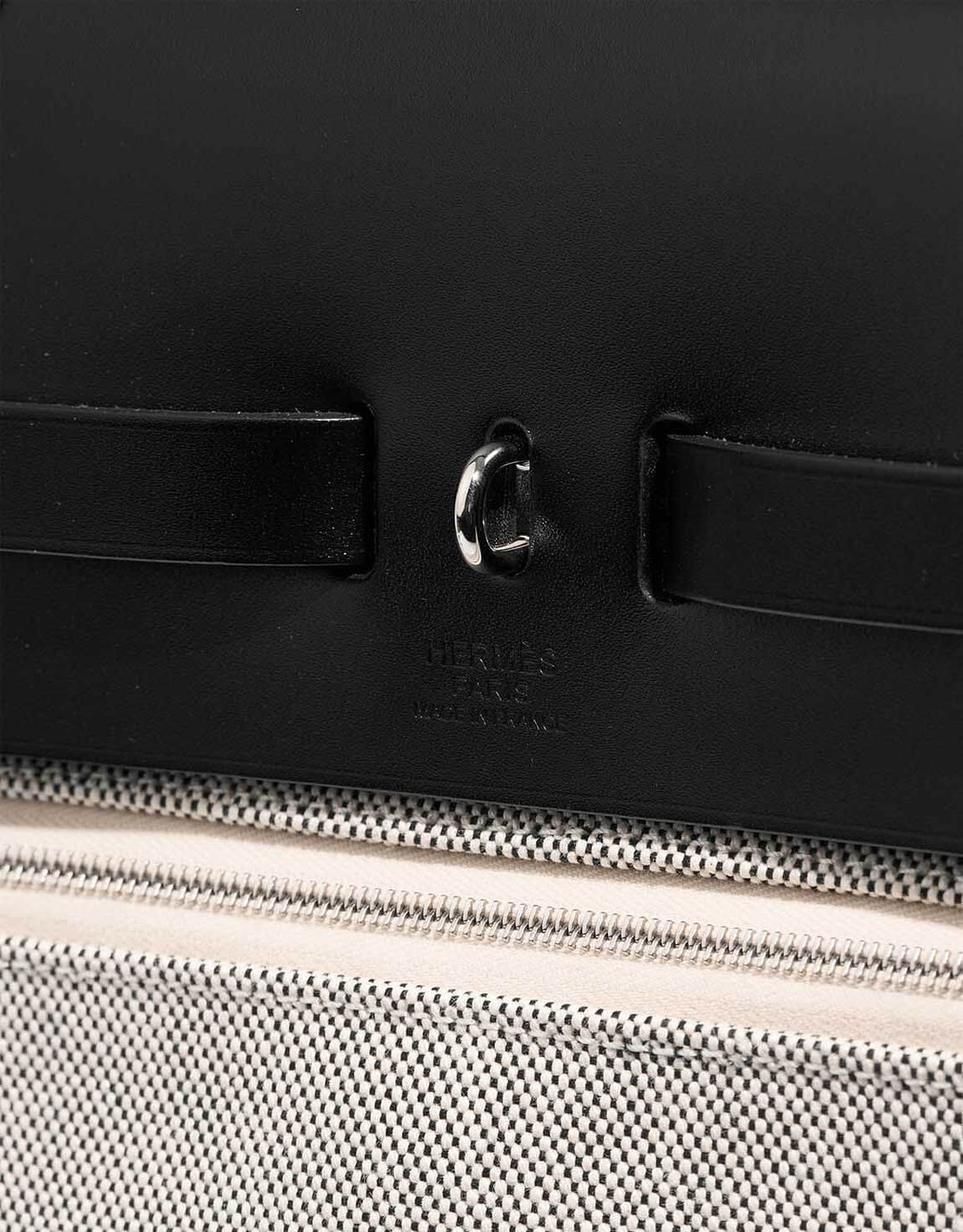 Hermes Herbag 31 black and white pockets showcasing luxury bag craftsmanship with high quality finish