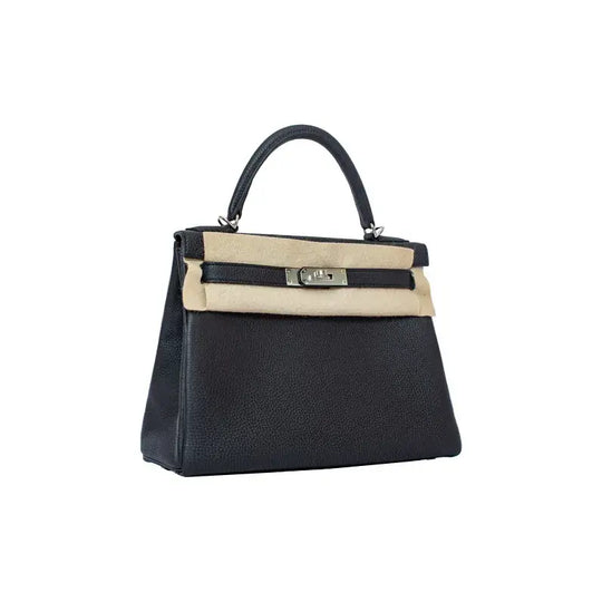 HERMES Kelly 25 navy blue Togo leather handbag with silver hardware, a timeless luxury bag for women, ideal as an elegant gift.