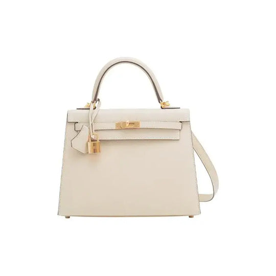 HERMES Kelly 25 Epsom leather handbag in nata white with gold hardware, a timeless luxury bag for women.