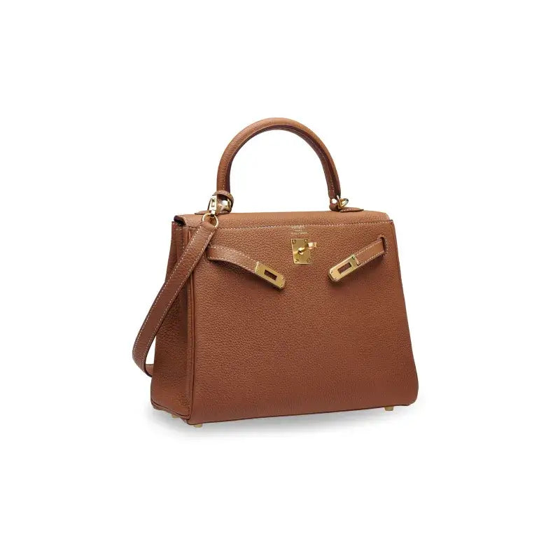 Hermes Kelly 25 brown Togo leather handbag featuring elegant gold accents, stylish purse for women and timeless fashion bag.