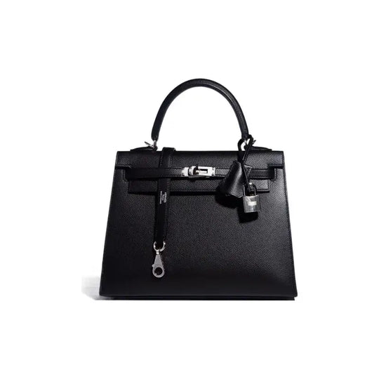 HERMES Kelly 25 Bag Epsom Leather Handbag in black with silver hardware, a luxury bag for women, perfect for everyday use.