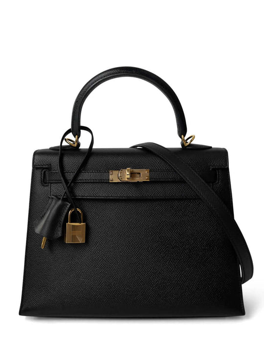 HERMES Kelly 25 Bag in black Epsom leather with gold hardware, a luxury bag for women and an elegant everyday handbag.