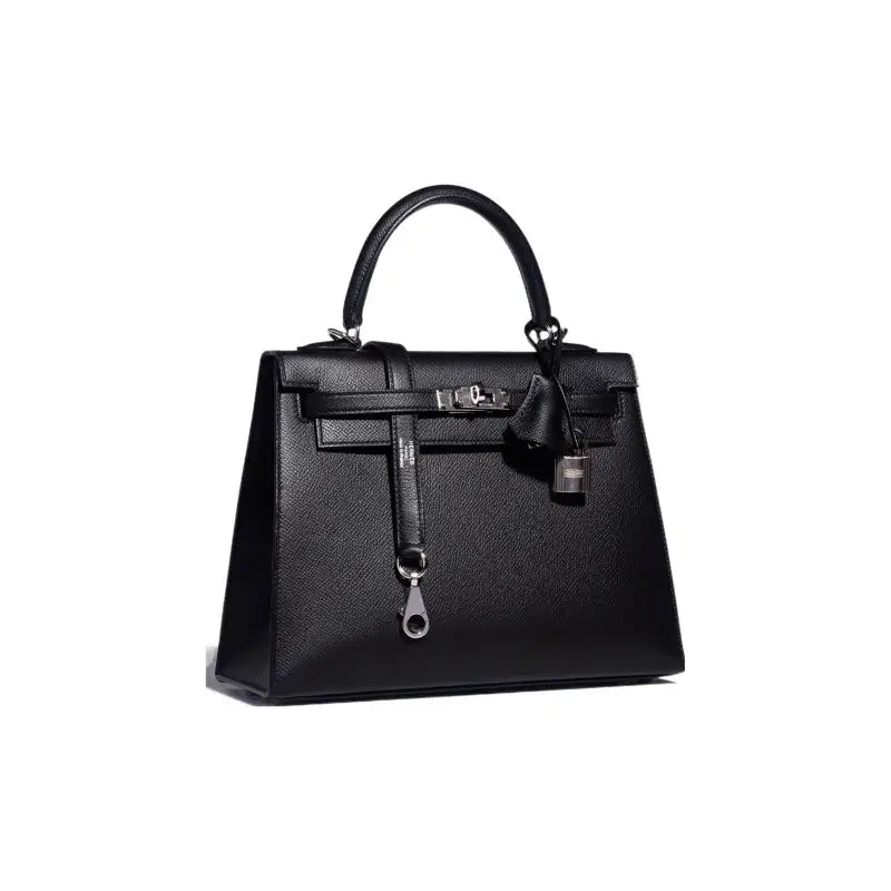 HERMES Kelly 25 Bag in black Epsom leather with silver hardware, a luxury bag for women showcasing timeless elegance and quality.