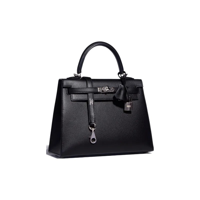 HERMES Kelly 25 Bag Epsom Leather Handbag (20,25,28,32) Silver hardware - black