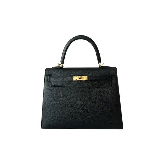 HERMES Kelly 25 Black leather handbag with gold hardware, a timeless luxury bag for women and a stylish everyday bag.