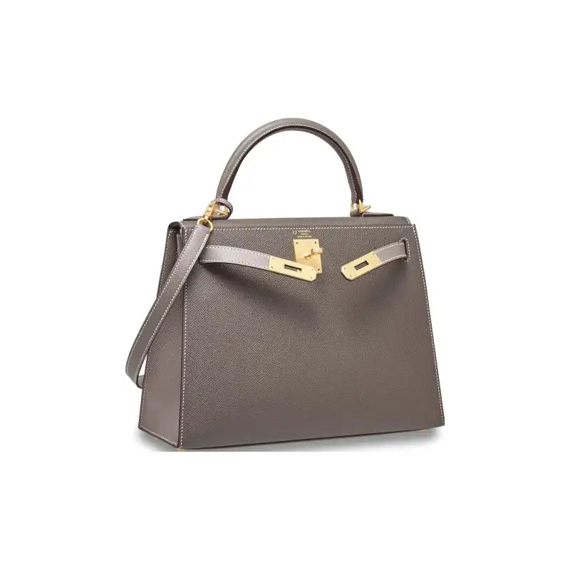 HERMES Kelly Bag in tin gray Epsom leather with gold hardware, a luxury bag for women, ideal for timeless elegance.