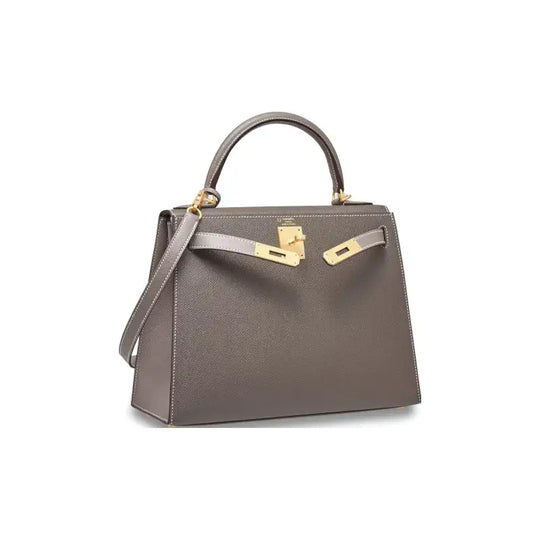 HERMES Kelly Bag in tin gray Epsom leather with gold hardware, a luxury bag for women, ideal for timeless elegance.