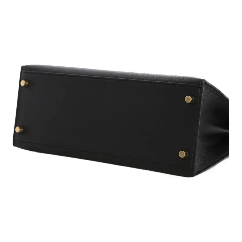 Hermès Kelly 25 black leather handbag base with gold hardware, showcasing high quality and timeless design for stylish women.