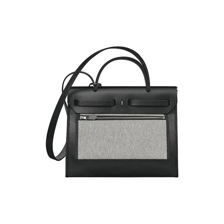 Luxury bag for women, Hermès Herbag 39 in shiny black with canvas and calfskin leather, perfect versatile designer handbag.