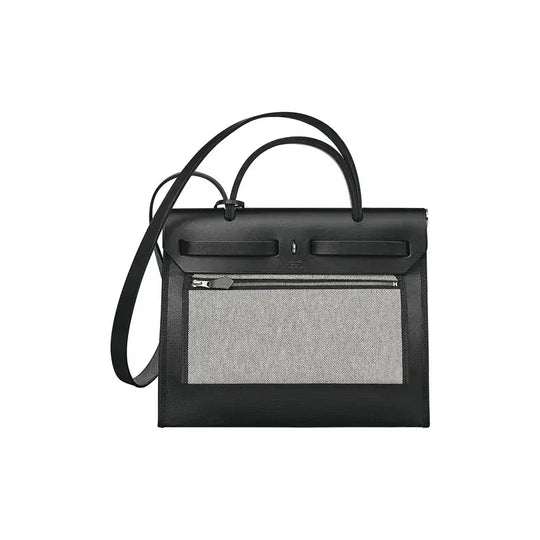 Luxury bag for women, Hermès Herbag 39 in shiny black with canvas and calfskin leather, perfect versatile designer handbag.