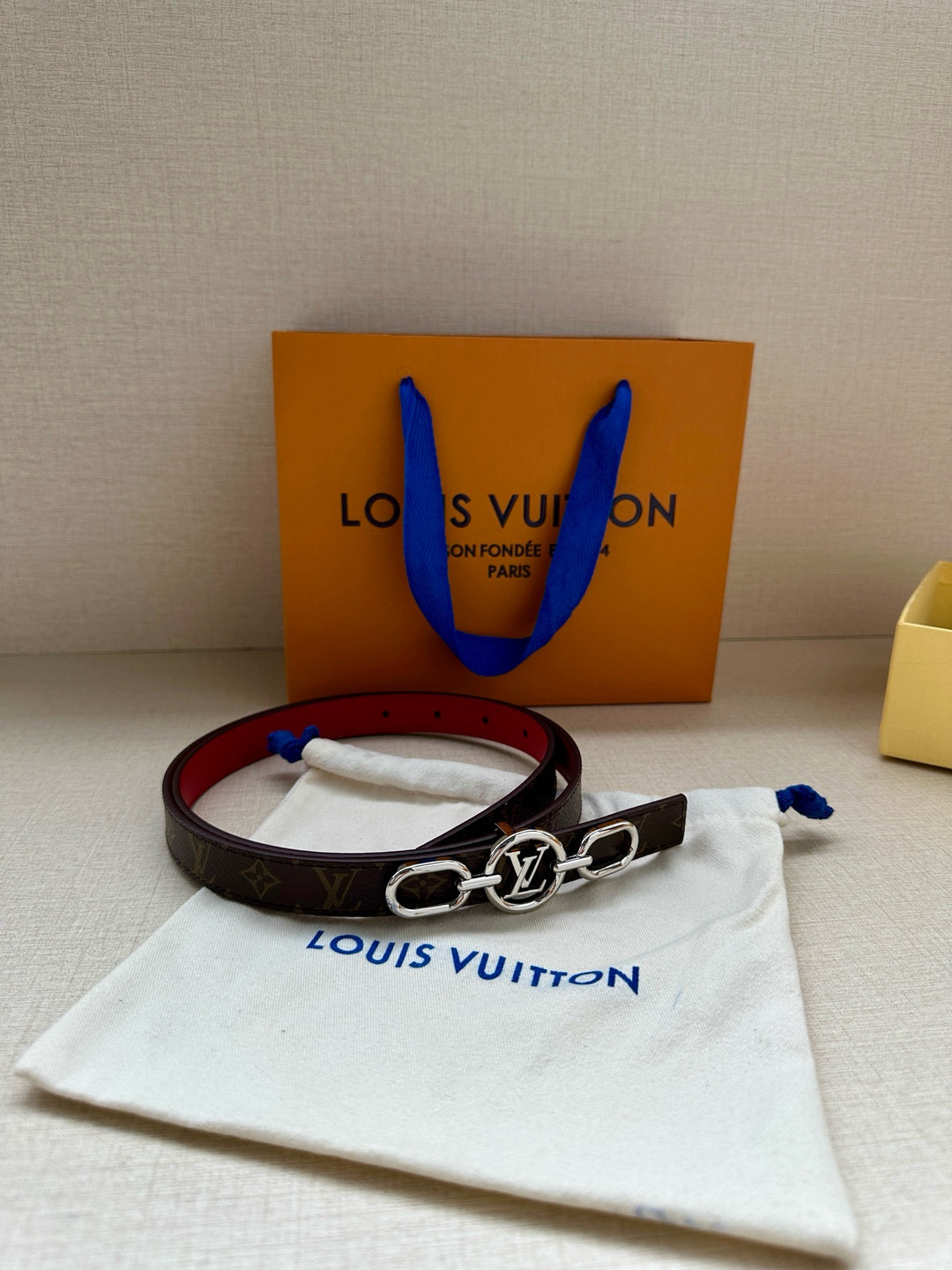 Lv belt two sides 3cm red silver hardware