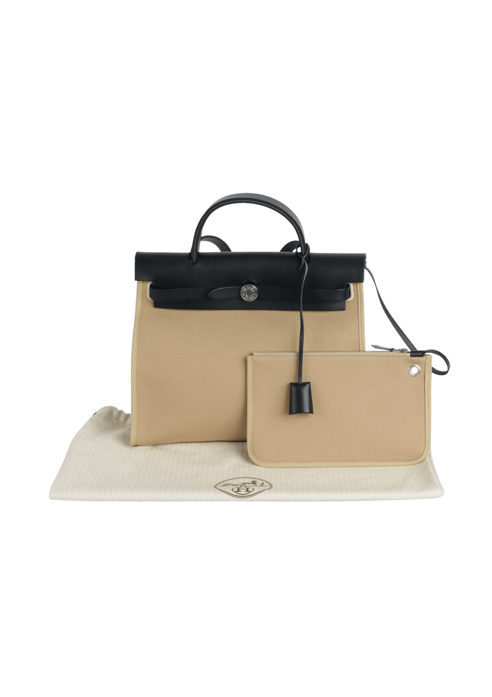 Hermes Herbag 31 beige luxury bag for women with black leather accents, stylish and functional everyday bag.