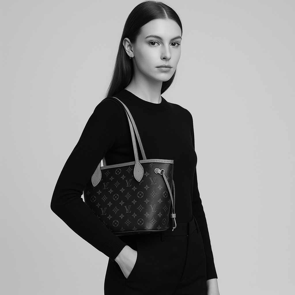 Louis Vuitton Neverfull MM black leather handbag worn by a model, emphasizing its timeless elegance and stylish design, ideal luxury bag for women.