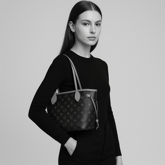 Louis Vuitton Neverfull MM black leather handbag worn by a model, emphasizing its timeless elegance and stylish design, ideal luxury bag for women.