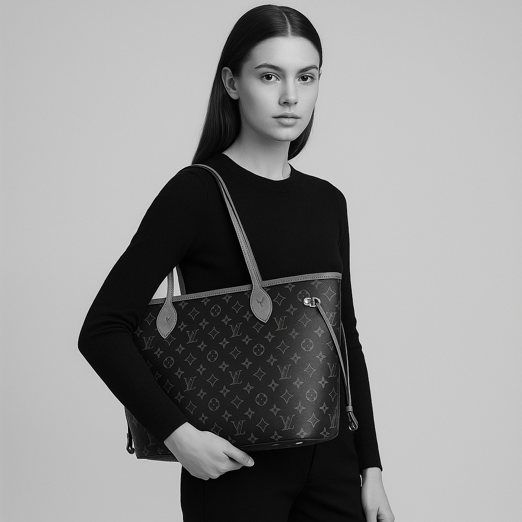 Louis Vuitton Neverfull MM black leather handbag showcased by a model, an elegant choice for a luxury bag for women.