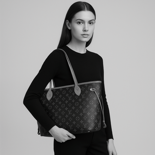 Louis Vuitton Neverfull MM black leather handbag showcased by a model, an elegant choice for a luxury bag for women.