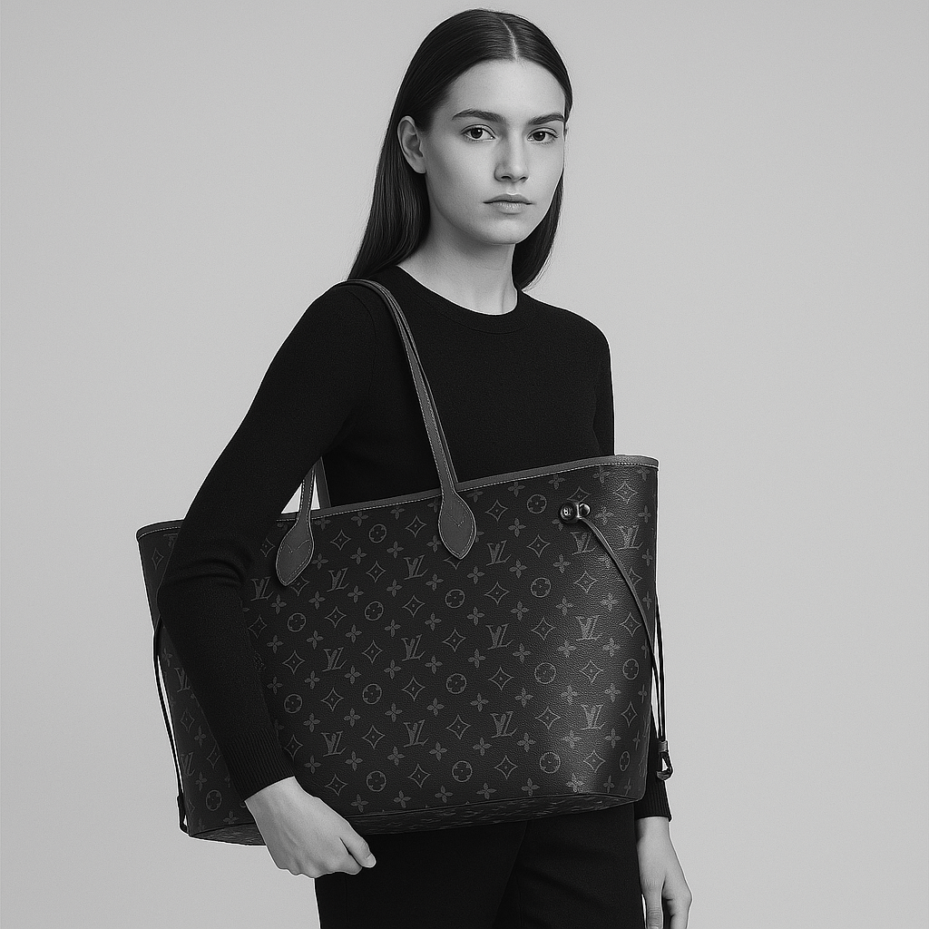 Louis Vuitton Neverfull MM black leather handbag, stylish and spacious luxury bag for women, perfect for everyday use.