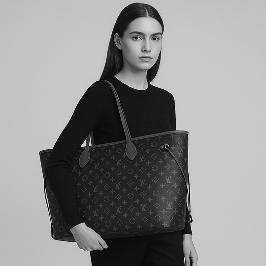 Louis Vuitton Neverfull MM black leather handbag, stylish and spacious luxury bag for women, perfect for everyday use.