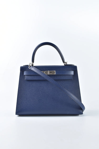 HERMES Kelly 25 Bag Epsom Leather Handbag (20,25,28,32) navy  silver hardware