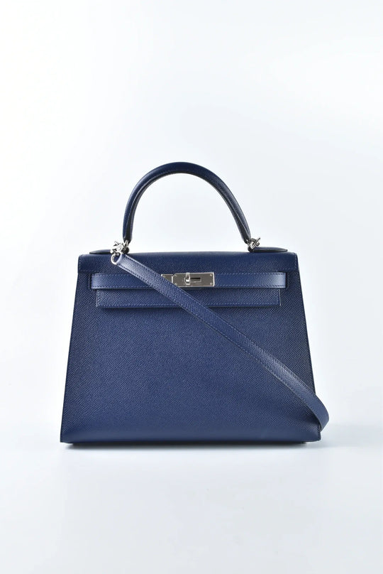 HERMES Kelly Bag in navy Epsom leather with silver hardware, a luxury bag for women, stylish and timeless fashion handbag.