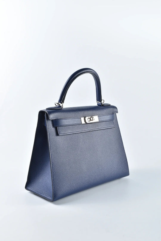 HERMES Kelly Bag Epsom leather handbag in navy with silver hardware, a timeless luxury bag for women, perfect gift idea.
