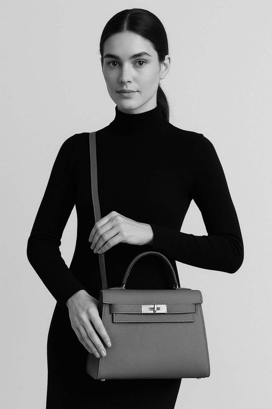 Elegant Hermès Kelly Bag in navy Epsom leather, stylish designer handbag for women, perfect for everyday use.