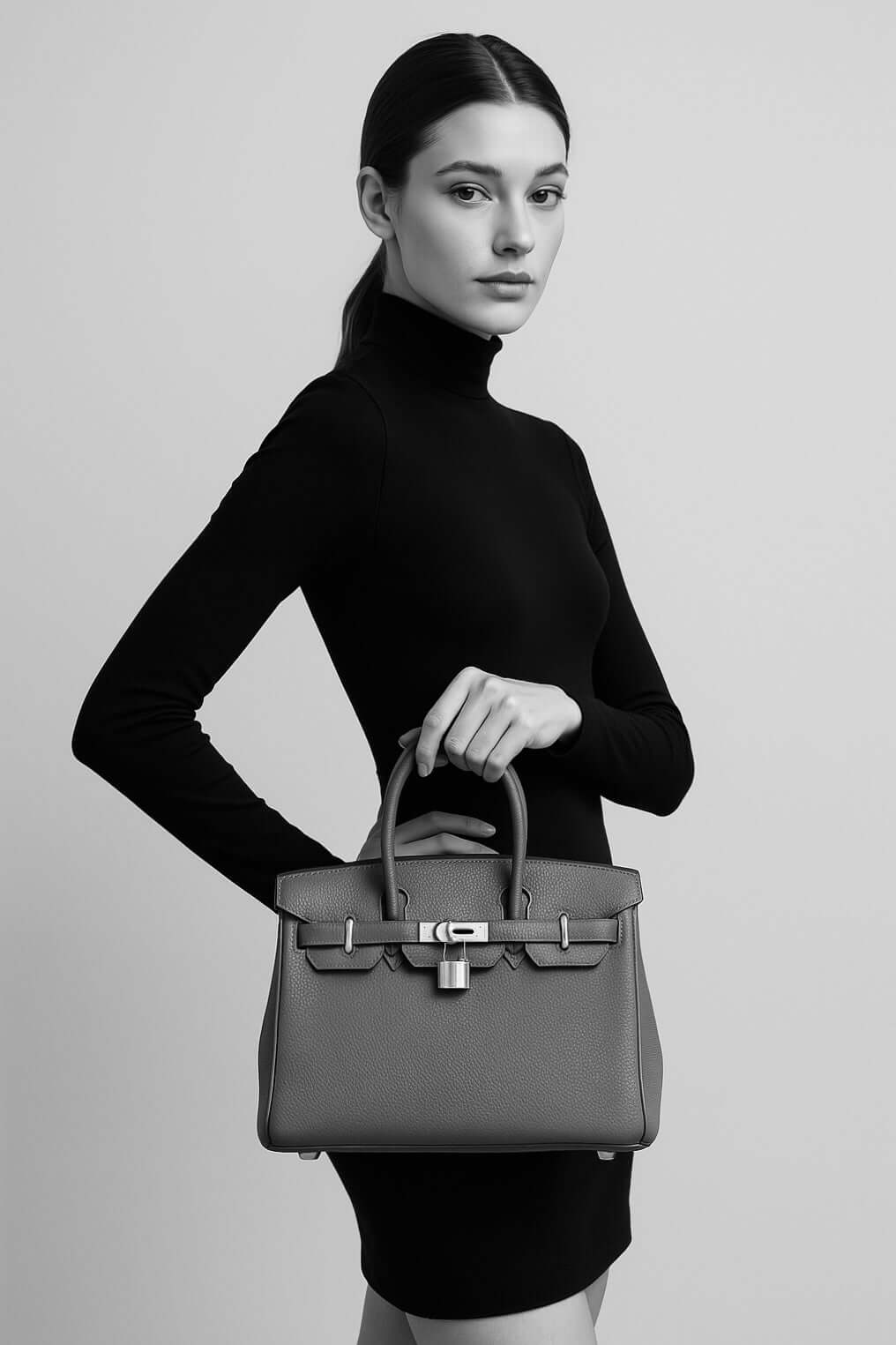 HERMES Birkin Bag in Etoupe Elephant Gray togo leather held by model, luxury bag for women, stylish and timeless fashion accessory.