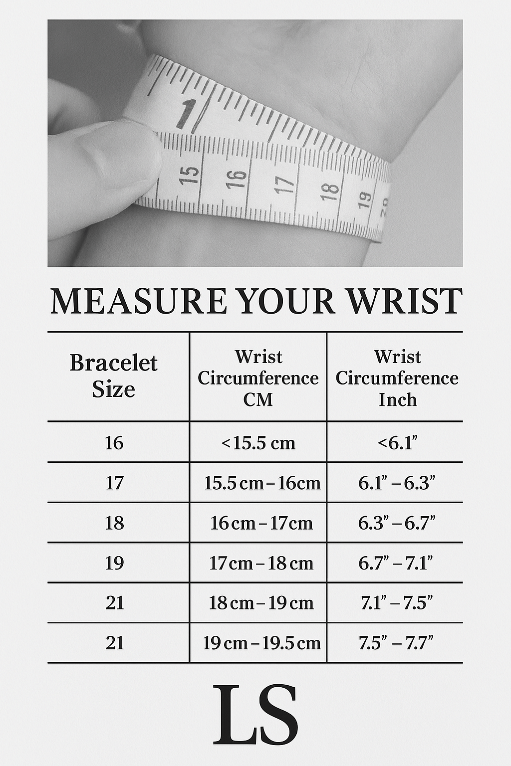 Measure your wrist guide for bracelet sizing with detailed size chart in centimeters and inches for accurate fit
