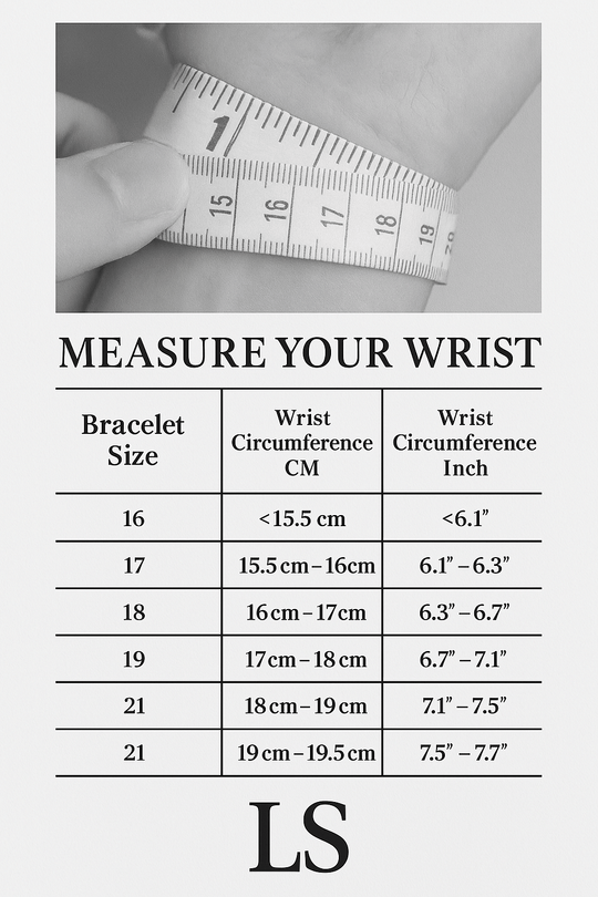 Measure your wrist guide for bracelet sizing with detailed size chart in centimeters and inches for accurate fit