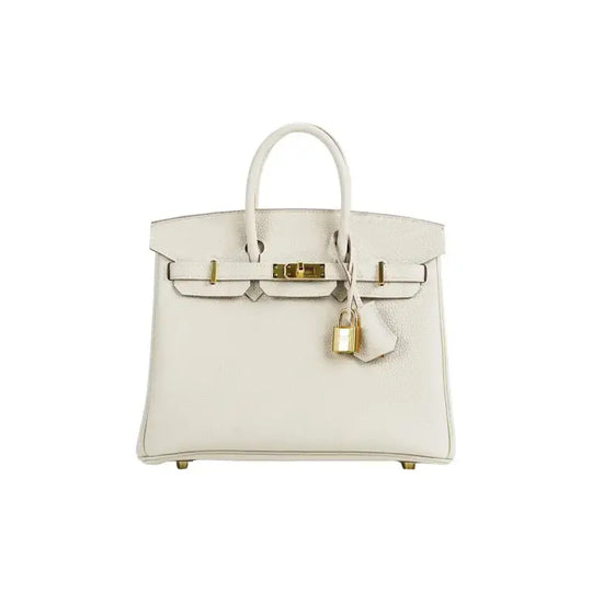 Hermes Birkin 25 bag in milkshake white togo leather with gold hardware, a timeless luxury bag for women.