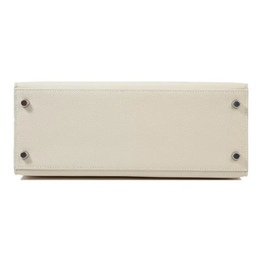 Hermes Kelly 25 bag Epsom leather handbag bottom view in milkshake white, high quality stylish handbag for women.