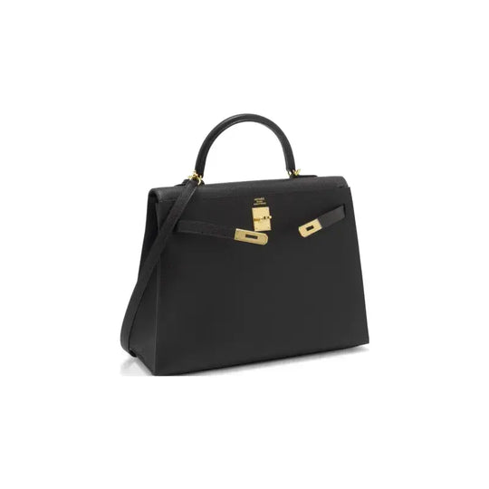 Hermes Kelly 25 luxury bag for women in black Epsom leather with gold hardware, a timeless designer handbag and stylish purse.