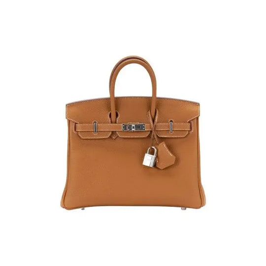 HERMES Birkin 25 brown togo leather handbag with silver hardware, a timeless luxury bag for women and stylish everyday use.